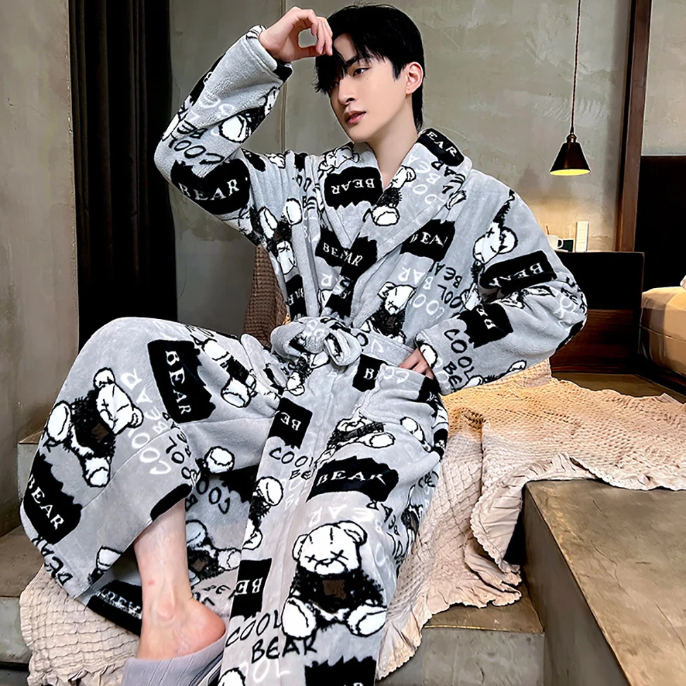 Casual Cartoon Dinosaur Men\'s Bathrobe For 82.5kg Winter Thicken Plush Double Warm Shower Robe Comfortable Soft V Neck Sleepwear