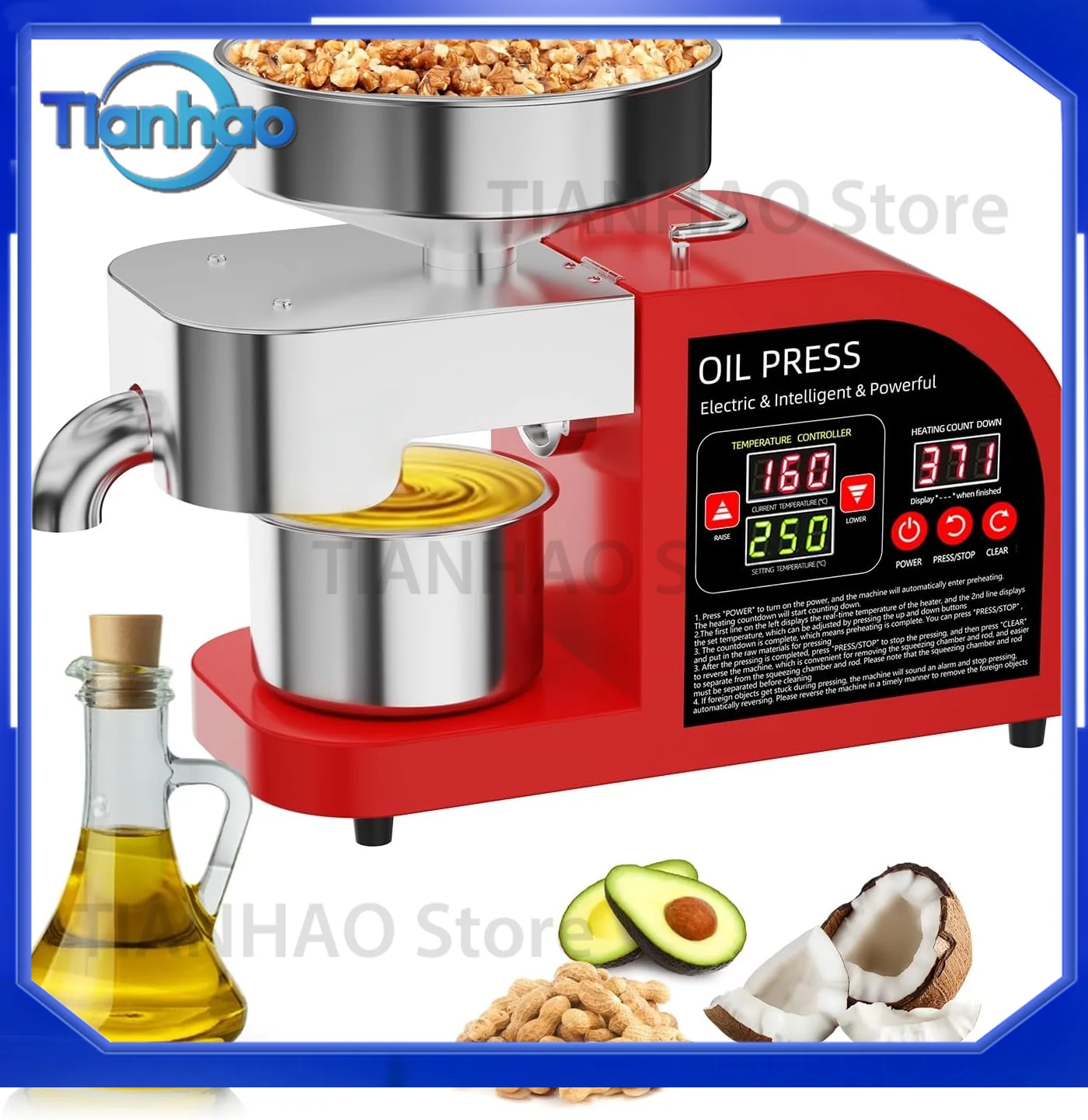 Professional 2-in-1 Oil Press Machine for Almond Sunflower Olive 304 Stainless Steel Household and Commercial Oil Expeller