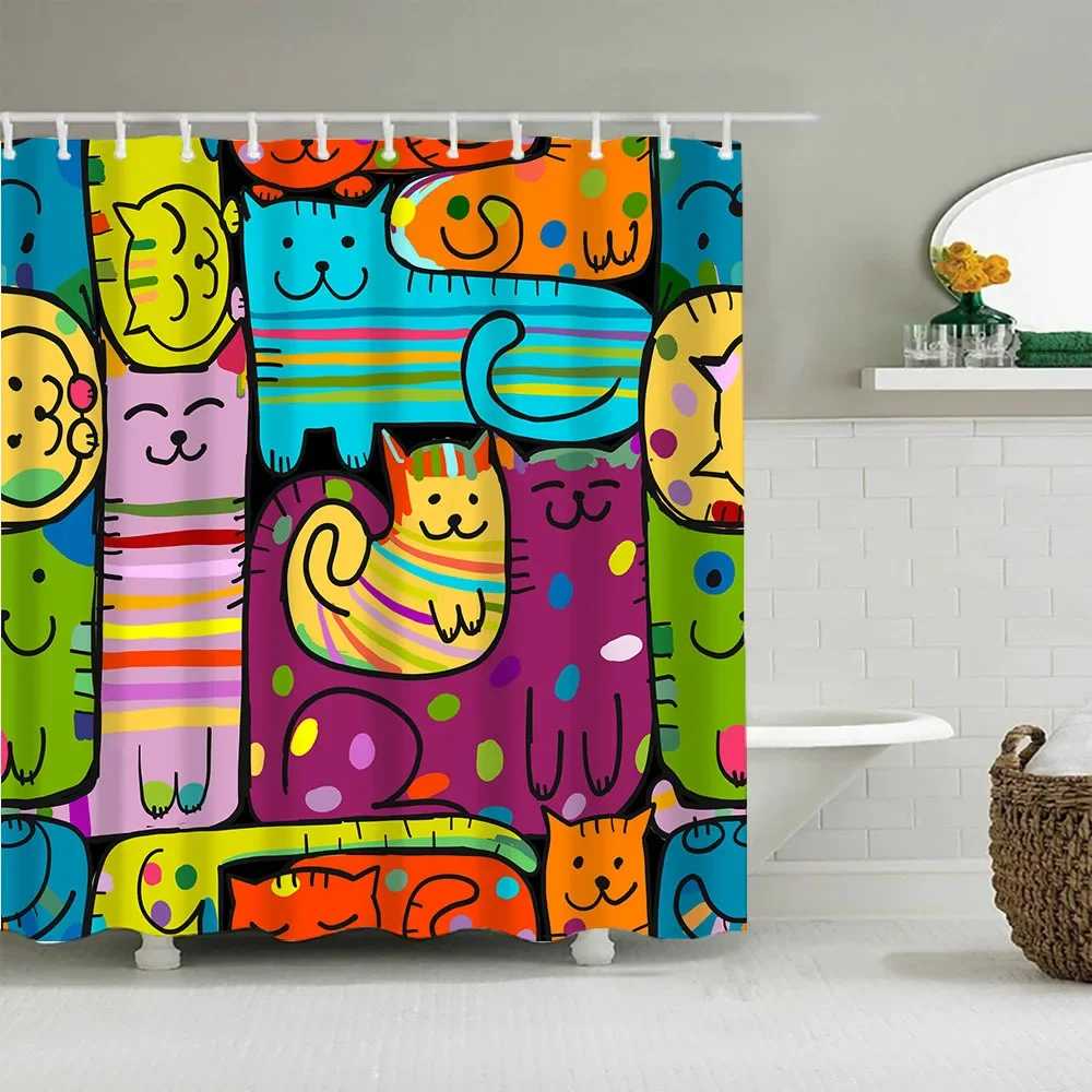 Cartoon Painted Cat Dog Shower Curtain Abstract Animal Bathroom Curtain Waterproof Polyester Fabric Shower Curtain With Hooks