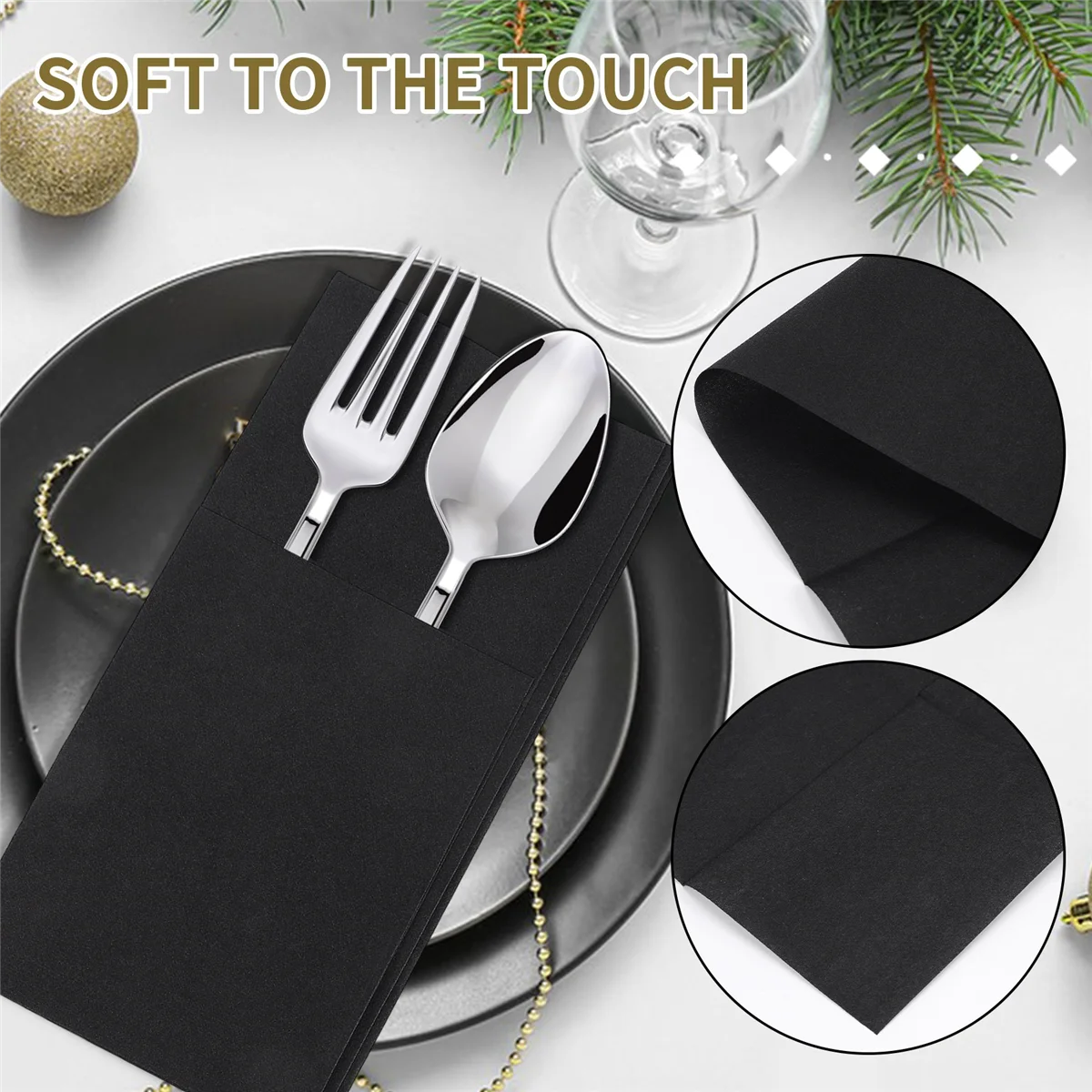 

Durable 50PCS Disposable Dinner Napkins with Built-in Flatware Pocket,Prefolded Cloth Like Paper Napkins for Wedding Party Black
