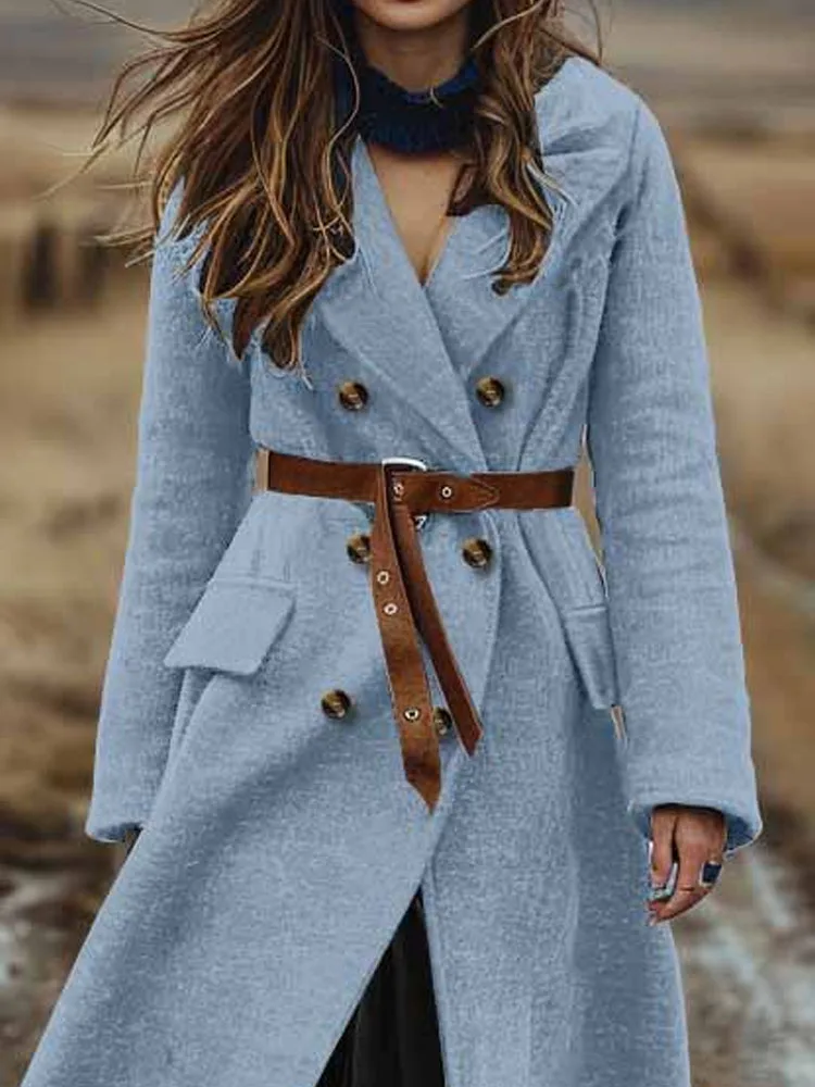 

Autumn Winter Fashion Street Pocket Jackets Women Elegant Lapel Collar Double-breasted Outercoat Casual Long Sleeve Solid Coats