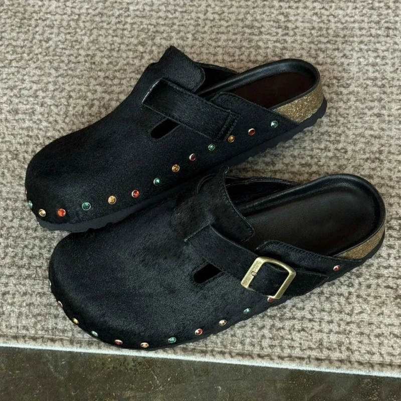 Luxury Suede Round Toe Flat Slippers for Women Rivet Rhinestone Buckle Design Autumn Casual Slides High Quality Brand Sandals