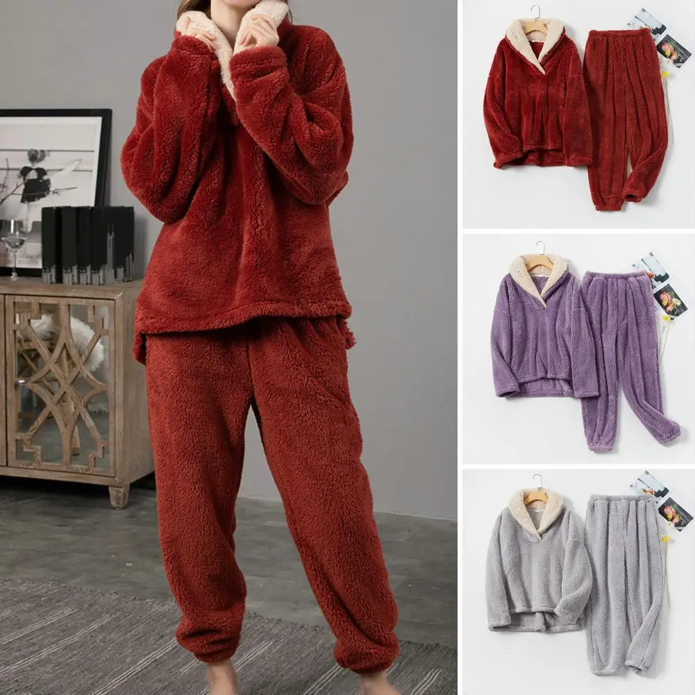 

New Pajama Sets Women's Solid Long Sleeve Winter Woman Fluffy Pijama Suit with Pants Thick Warm Fleece Home Clothes for Female