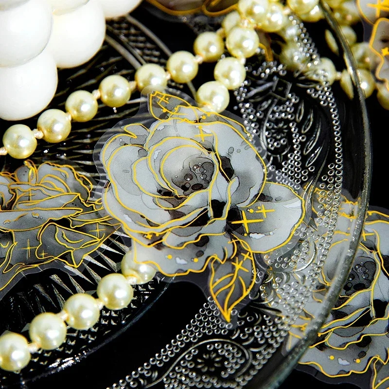 30Pcs with Handbags Sticker Plant Retro Art White Flower Decoration Stationery Sticker Gilded PET Wrapped Collage Cute Stickers