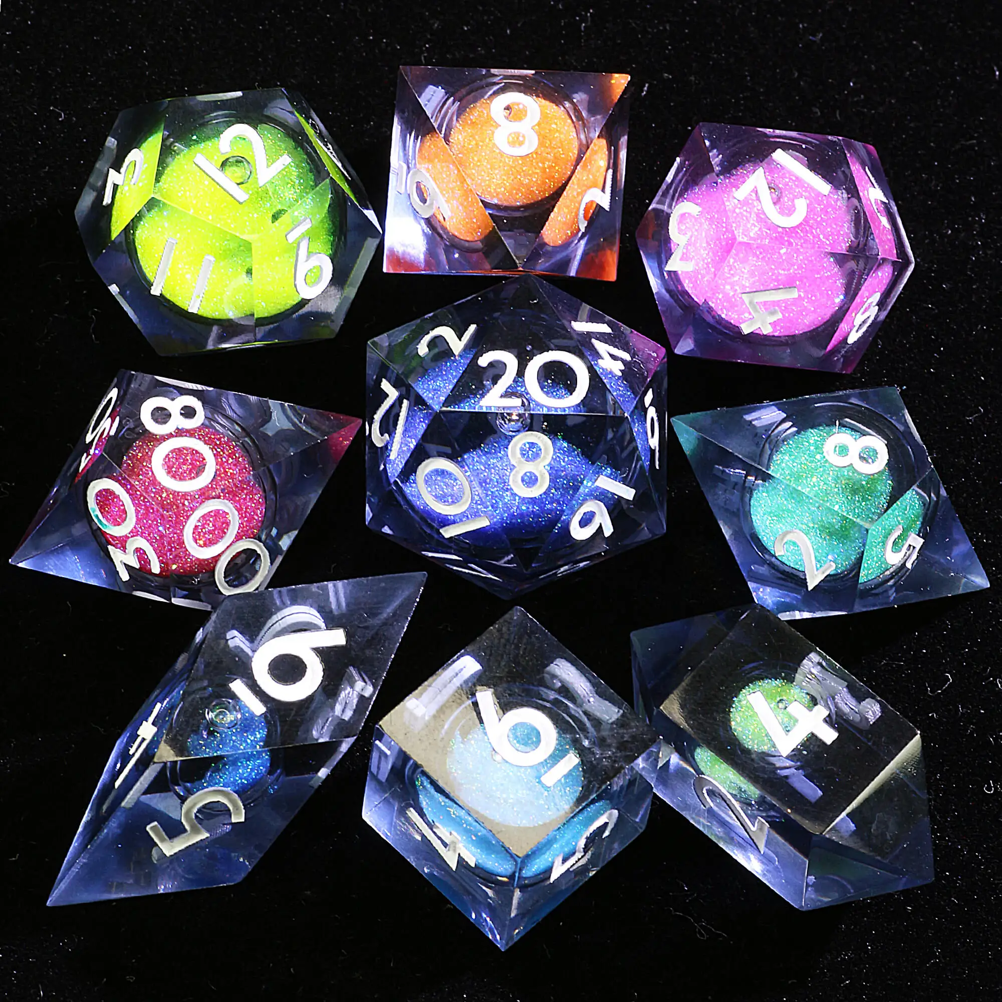 

9 Polyhedral Resin Liquid Core Dice DD Set Rainbow Core Magma