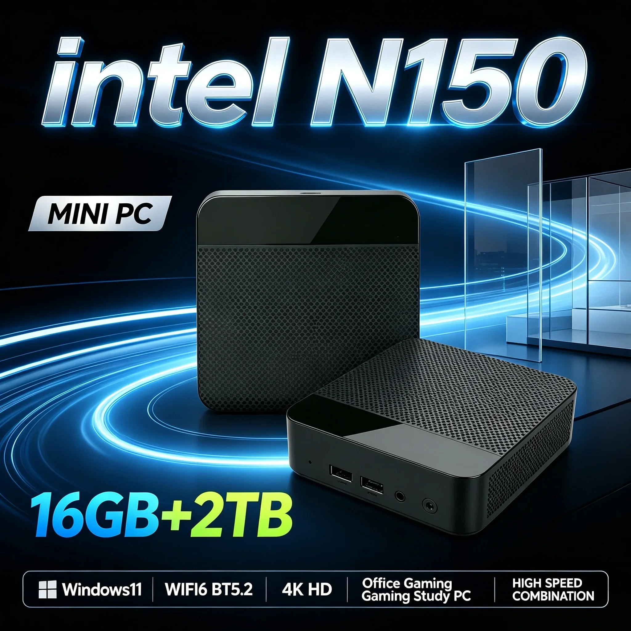 Intel N150 Mini Desktop Computer 16GB RAM 1TB/2TB SSD Windows 11 WiFi 6 BT5.2 4K Display Portable Mini PC For Home Office Gaming