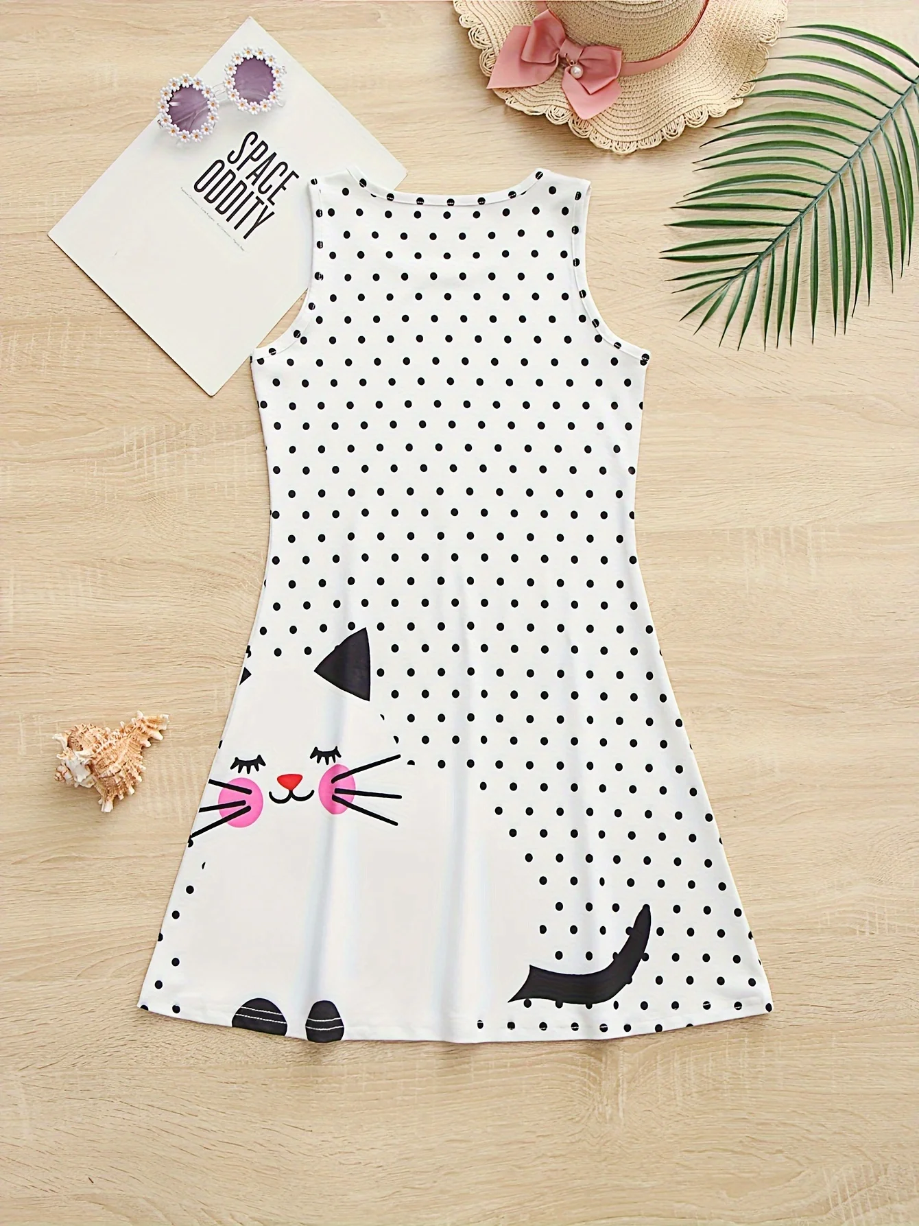 2024 Kids Little Girls Sleeveless Over Knee Dress Girls Dress 3D Vacation Style Polka Dots Cat Printed Daily Casual Cute Dress