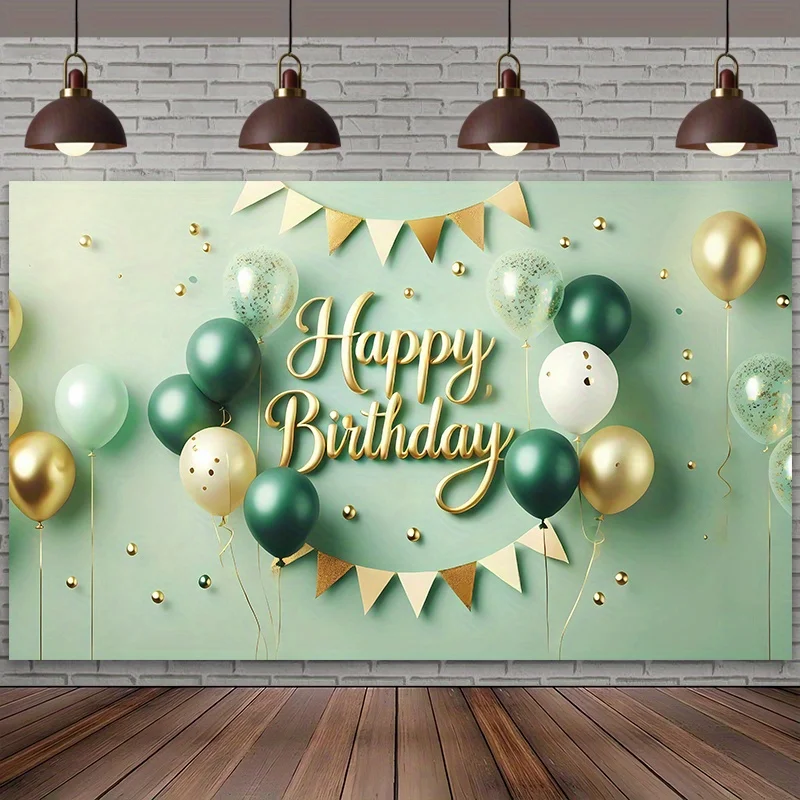 Drapeau 2D élégant fond de fête d'anniversaire sur le thème vert et doré, avec ballons et bannières
