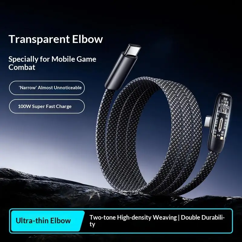 60W High-speed Right Angle USB Type C To C Cables Quick Charging Data Line Flat Nylon Braided 90 Degree Elbow USB-C Wire Cord