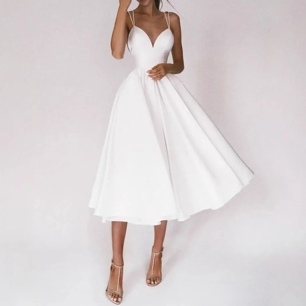 Robe de bal élégante à bretelles, col en v, couleur unie, dos nu et dos croisé, Design décontracté, doux, Cocktail, grande balançoire