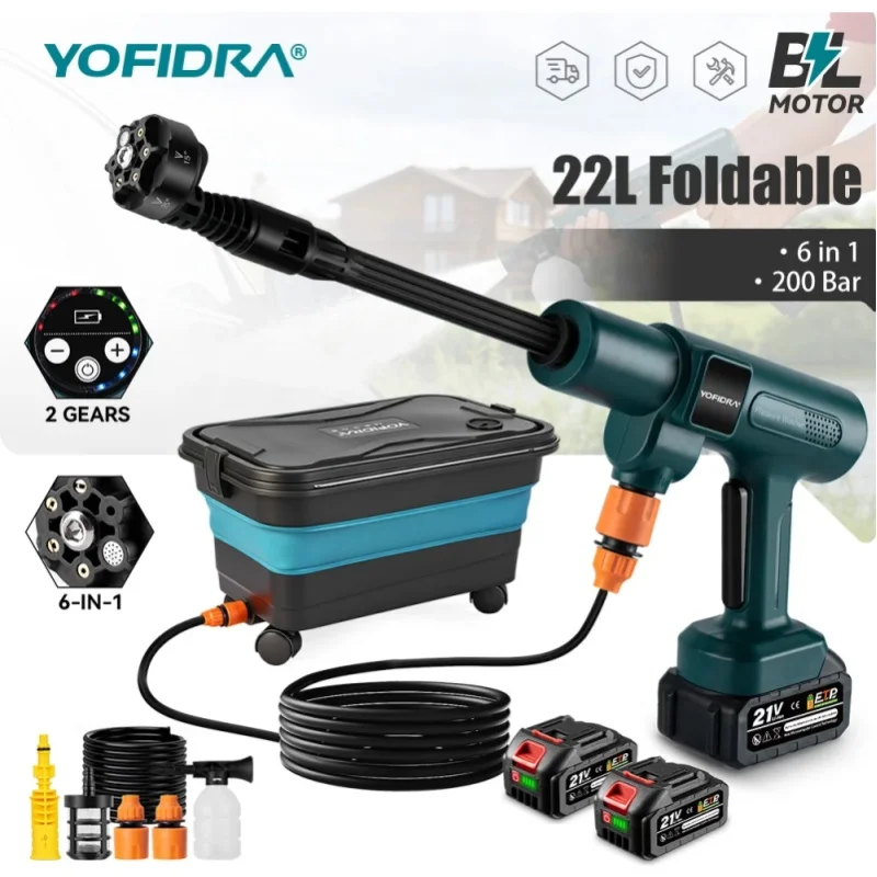 YOFIDRA 200Bar Bürstenloser Hochdruckreiniger Kabellose Elektrische Wasserpistole Tragbare Autowaschpistole Schaumreiniger mit Eimer für Makita 21V Akku