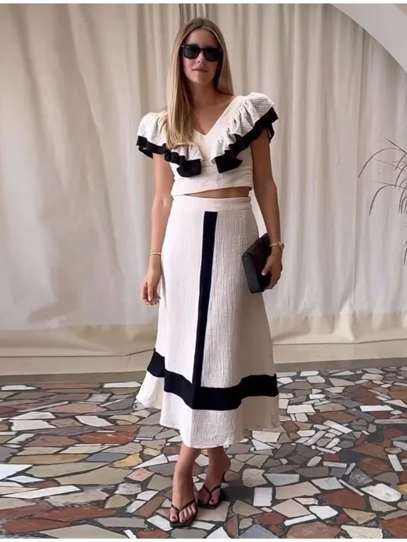 

Элегантный лоскутный топ с летающими рукавами и юбками, комплект женских тонких укороченных топов с v-образным вырезом и оборками, юбка с высокой талией, летние женские наряды