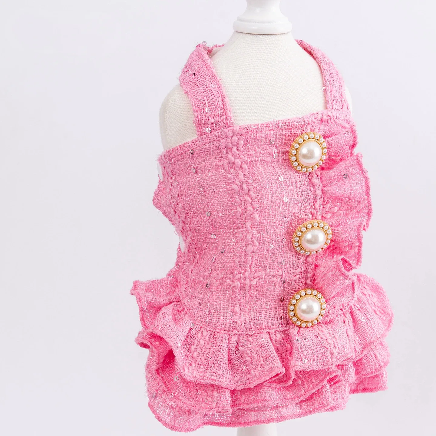 

Pink Sequin Luxury Handcrafted Pearl Button Lady Style Winter Pet Dress Maltese Terrier Puppy Version