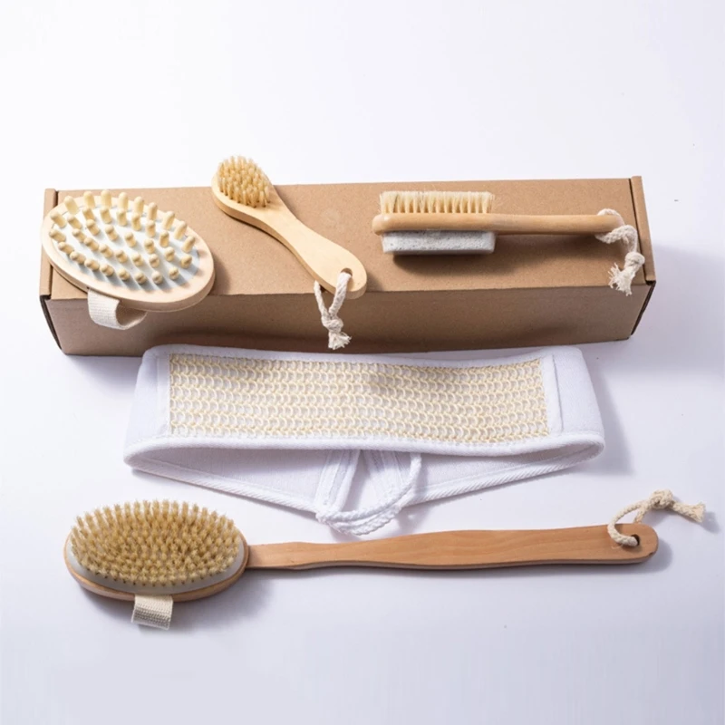 Q1QD 5Pack Exfoliating Wooden Body Massage Shower Brush Natural Bristle Bath Brush Set Woman Man Skin Care Dry Body Brush