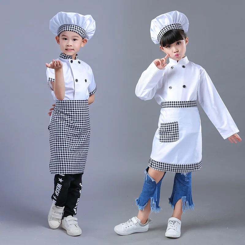 Kids Chef Jackets Kitchen Roleplay Uniform Cook Hat Restaurant Cosplay Costumes Halloween Children Waiter Waitress Clothing Sets