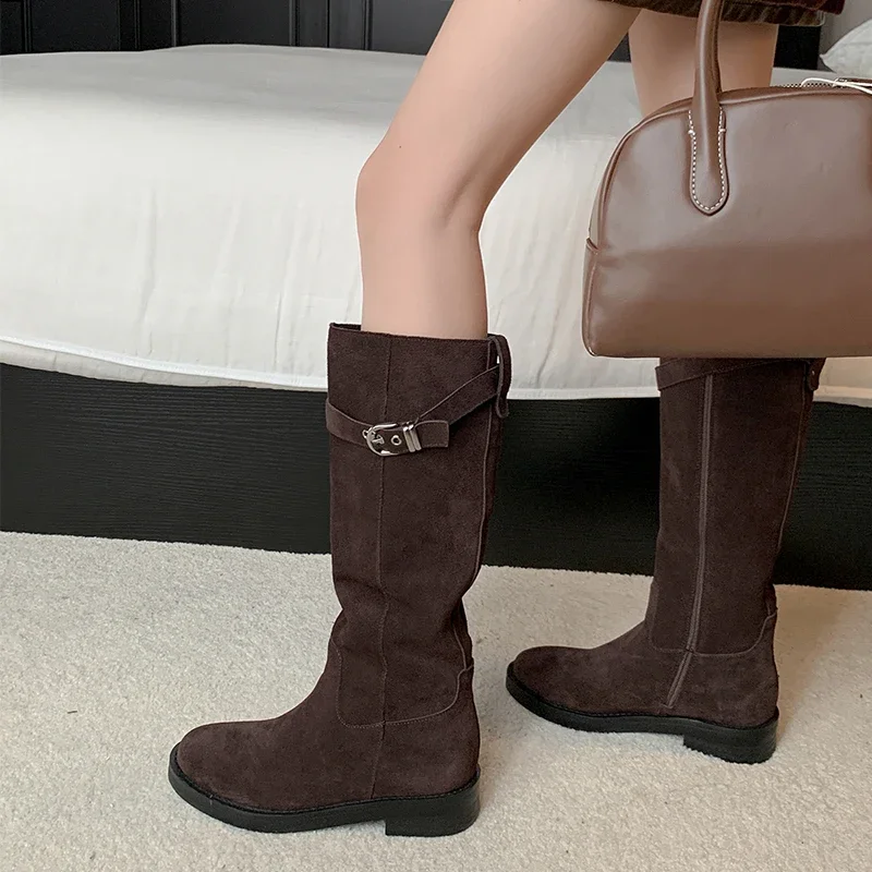 JOZHAMTA Size 34-40 Knee Boots For Women Ruched Real Leather Kitten High Heels Shoes Winter 2025 Wide Calf Vintage Long Boots