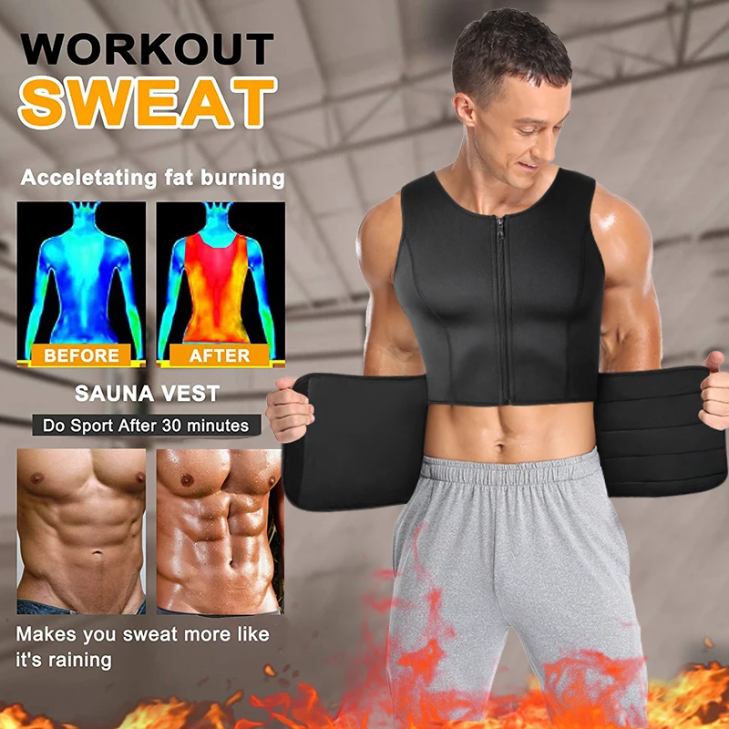 Men Waist Trainer Sauna Vest Body Shaper Double Belt Sweat Shirt Corset Top Abdomen Slimming Shapewear Fat Burn Fitness Suits