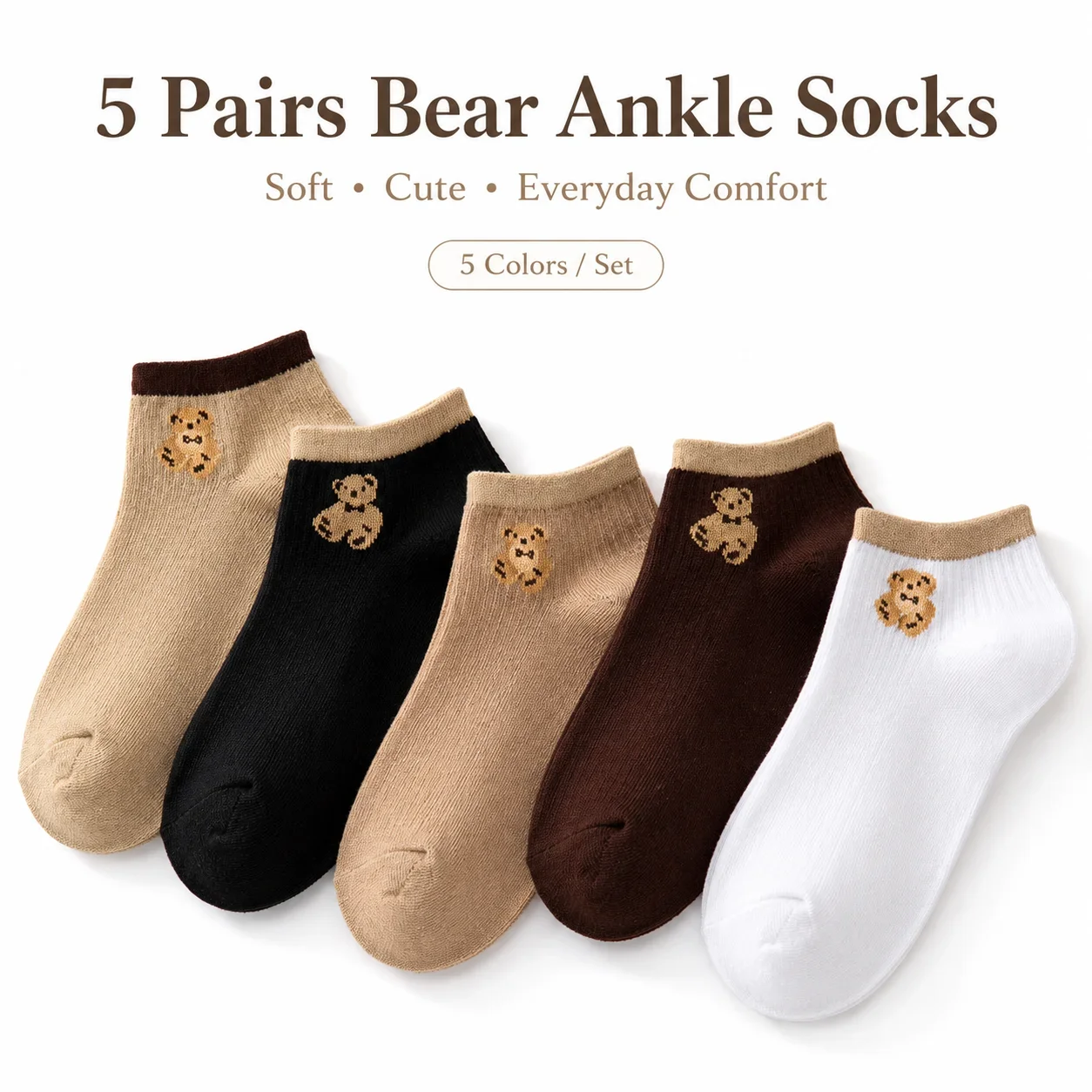 5 Pairs Multicolor Bear Pattern Socks, Cute Animal Crew Socks for Women Girls, Soft Cotton Set
