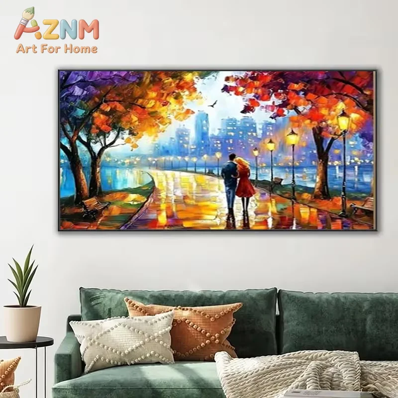A Romantic Style Canvas Wall Art Piece Measuring 60X90Cm (24X36 Inches) Featuring a Street Lamp Casting a Warm Yellow Glow, Suit
