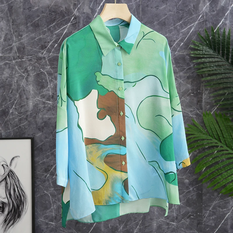 

Summer Colors Vintage Oil Painting Print Loose Silk irt Silk Flower Top Comfortable Fit Collar Button Detail