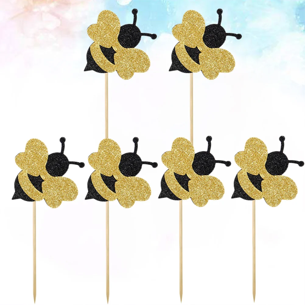 6 Pcs Paper Cake Toppers Shiny Bee Cupcake Toppers Honeybee Fruit Picks Dessert Decorative Supplies for Kid Birthday Party