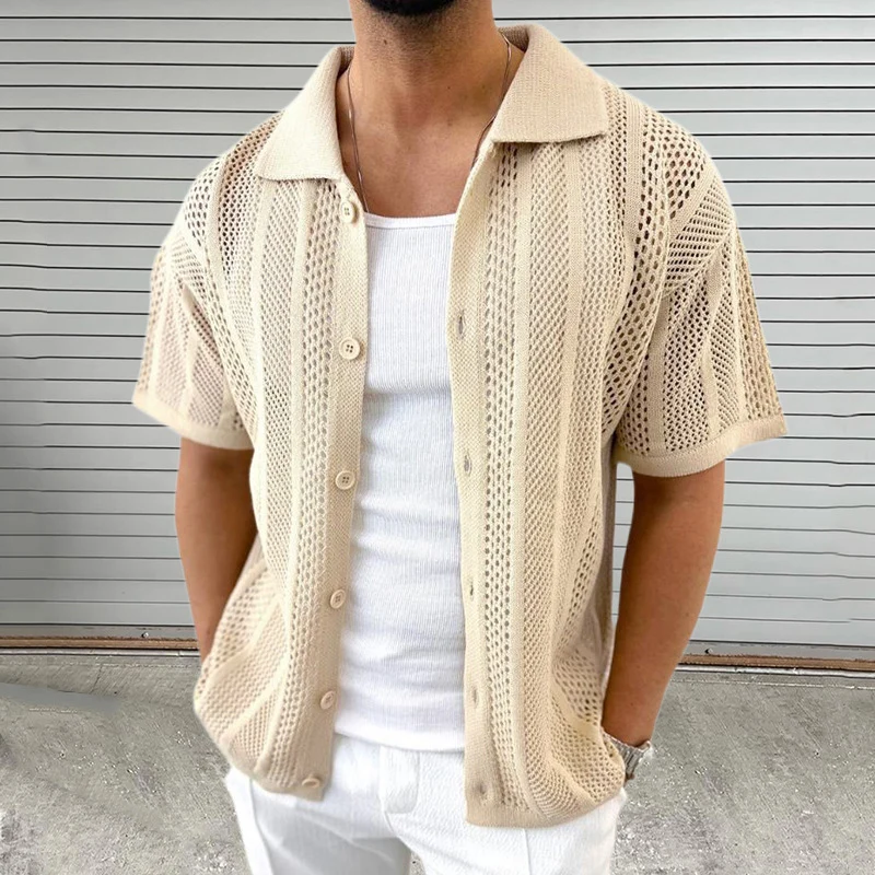 Beach Casual Breathable Hollow Out Shirt Men Knit Solid Color Buttoned Lapel Short Sleeve Knitted Cardigan Mens Shirts Summer