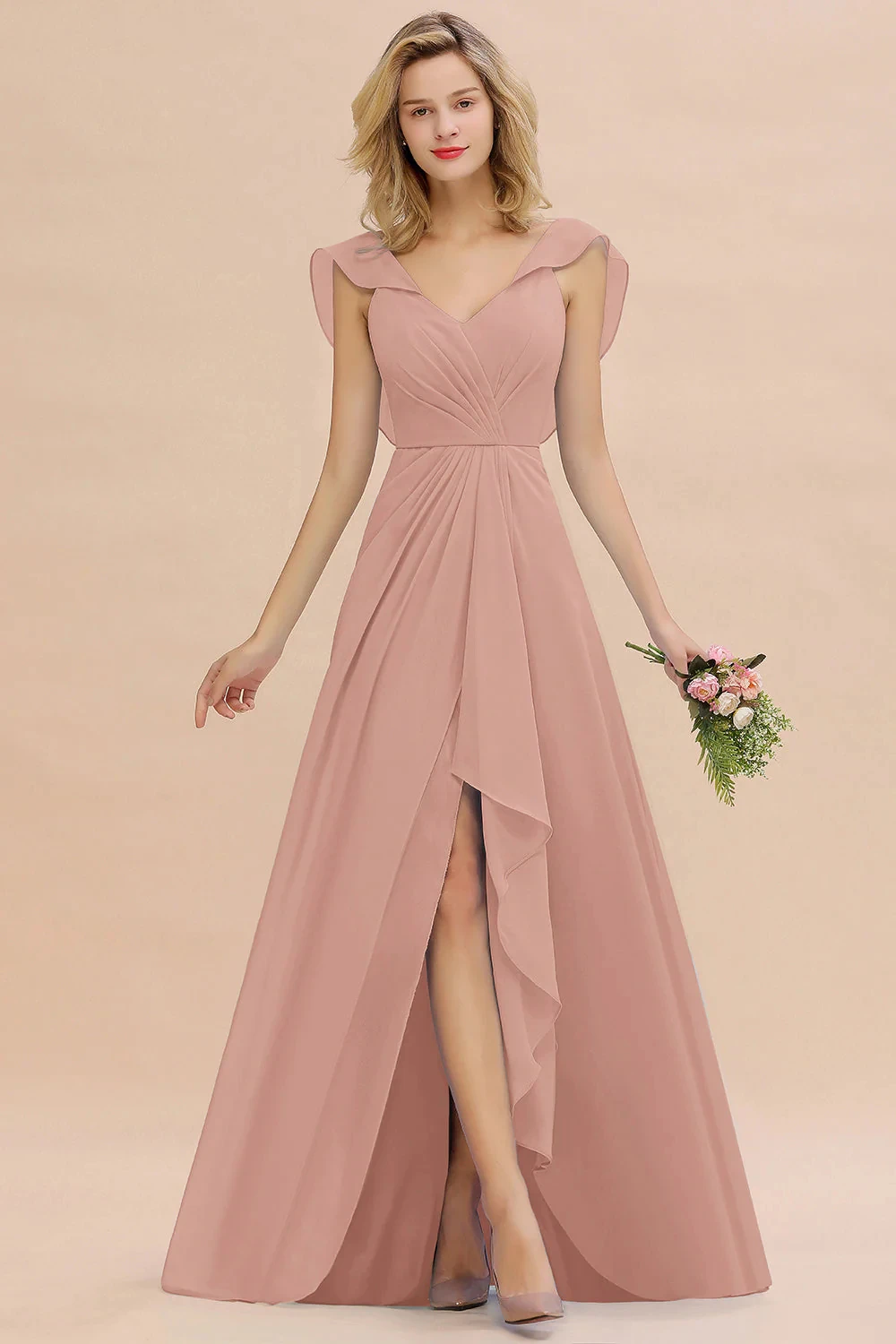 Chiffon Bridesmaid Dress V-Neck Batwing Sleeve Ruffles A Line Open Back Wedding Guest Dress Side Split Floor-Length Customized