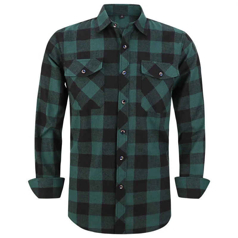2023 New Men's Plaid Flannel Shirt Spring Autumn Regular Fit  Collar Thickened Fleece Nine-Quarter Sleeve Special Wide
