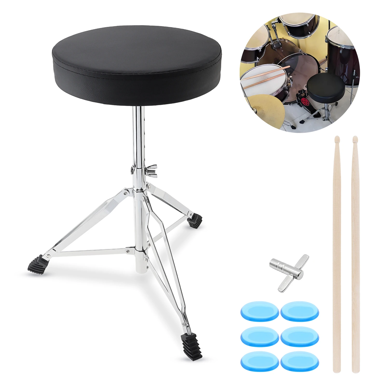 Height Adjustable PU Leather Drum Stool for Adults Beginner Drummers with Drumsticks, Mute Pads, Key, Black Padded Drum Seat