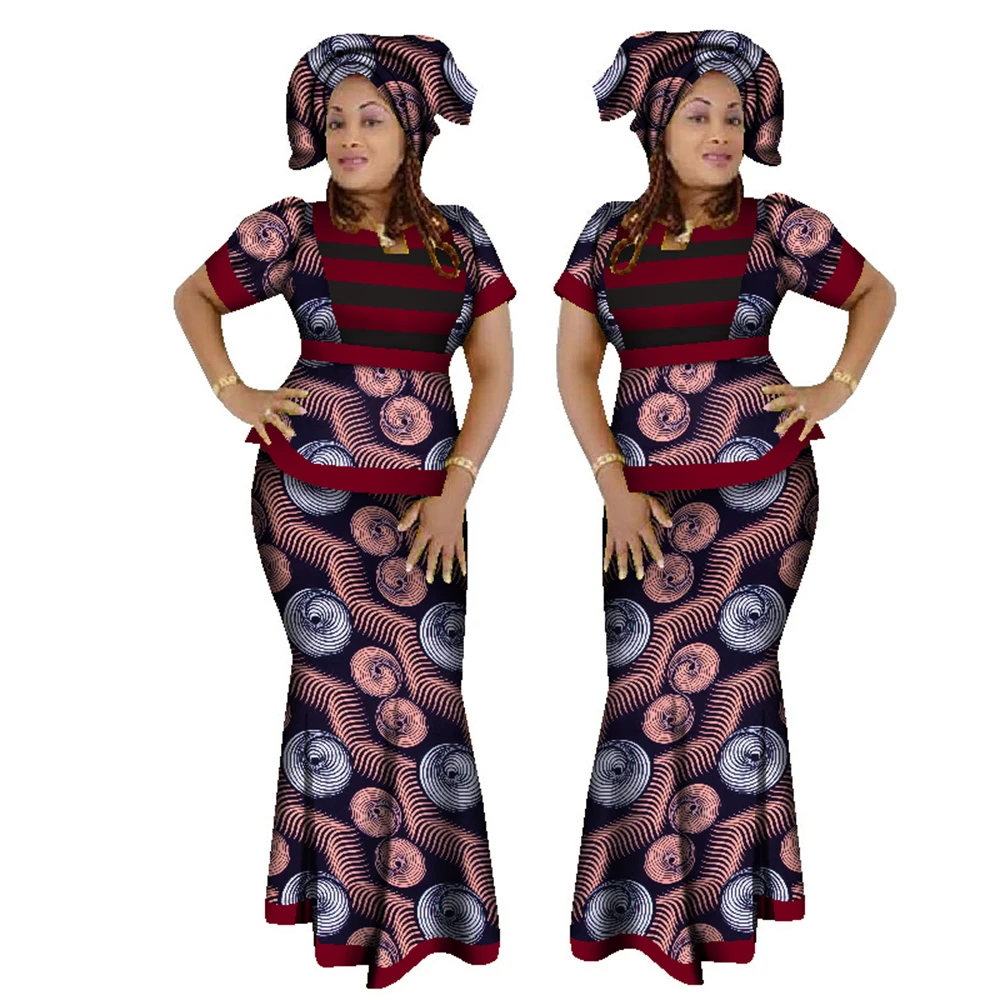 

African Women Clothes 3 Piece Set Dashiki Print Stripe Crop Top and Skirt Set with Head Scarf African Kanga Clothing WY1210