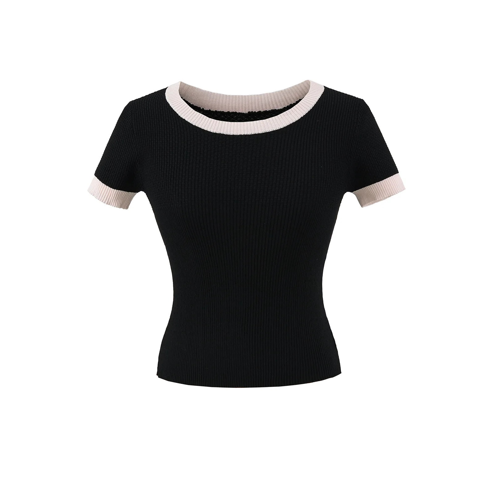 เนื้อใหม่ของผู้หญิง Spice Girl สีตัดกันถักแขนสั้นฤดูร้อนเข้ารูปพอดีเสื้อคุณภาพสูง