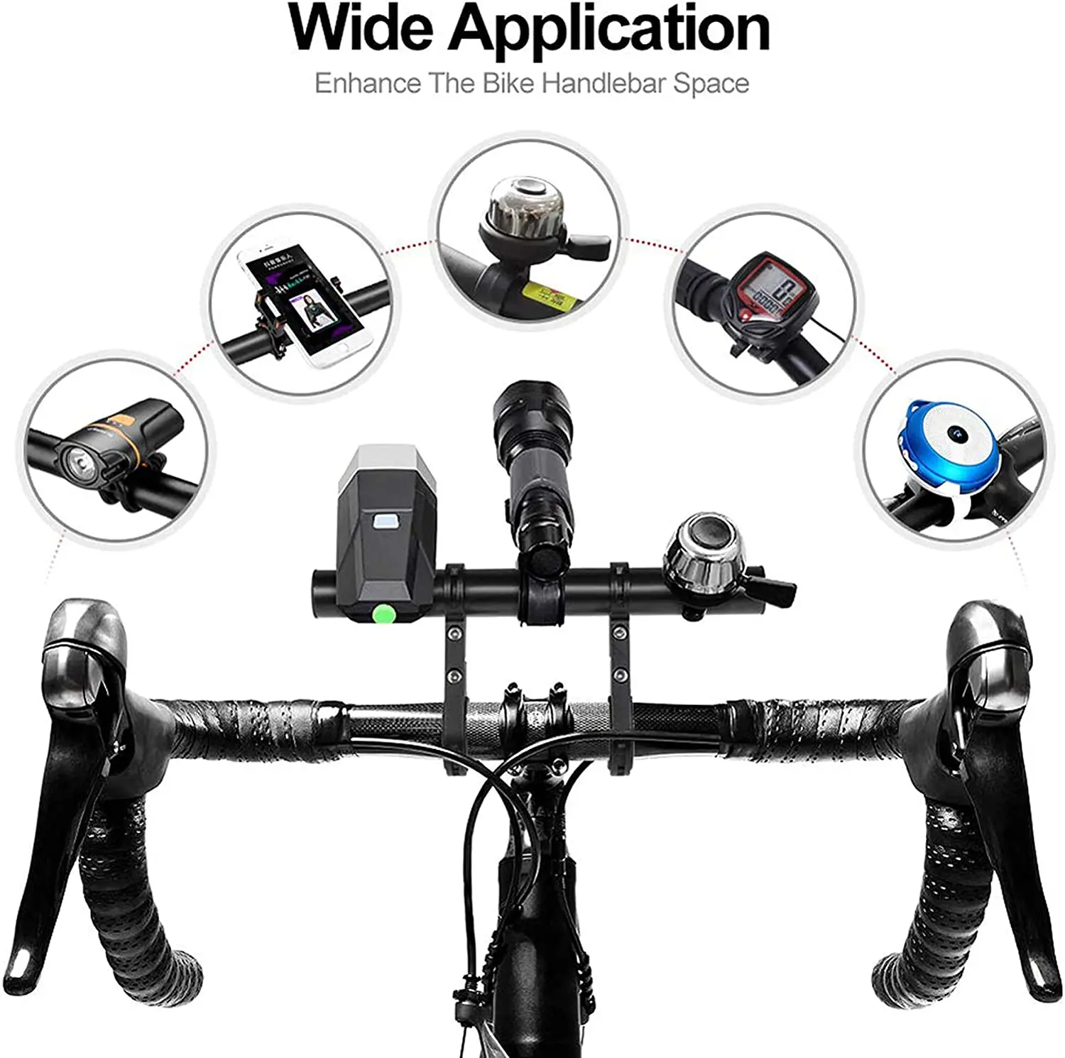 Bicycle Handlebar Extender, Aluminum Alloy Bracket, Bike Mounts, GPS Units, Headlights, Light Lamp, Phone Mount, 20 cm