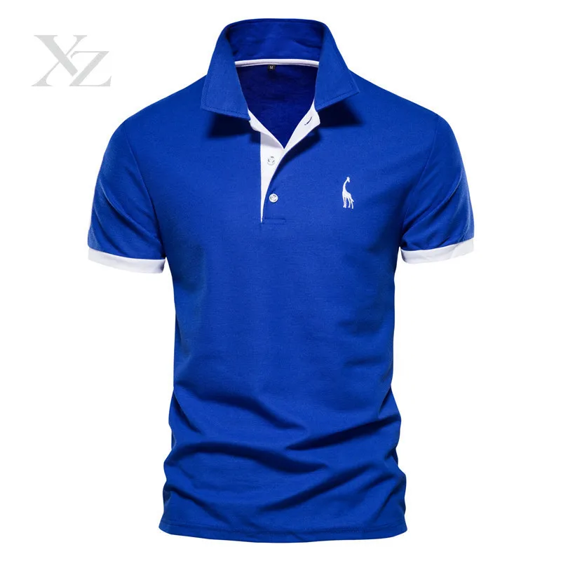 Men's short-sleeve giraffe-embroidered textured mesh polo shirt, relaxed business top, breathable summer wear