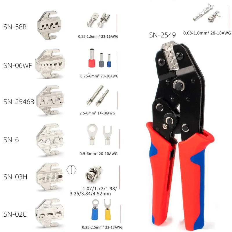 SN2549 Crimping Plier Kit Pressed Pliers Electrician Tools Tab 2.8/4.8/6.3/Tube/Photovoltaic/Insuated/Dupont Terminals