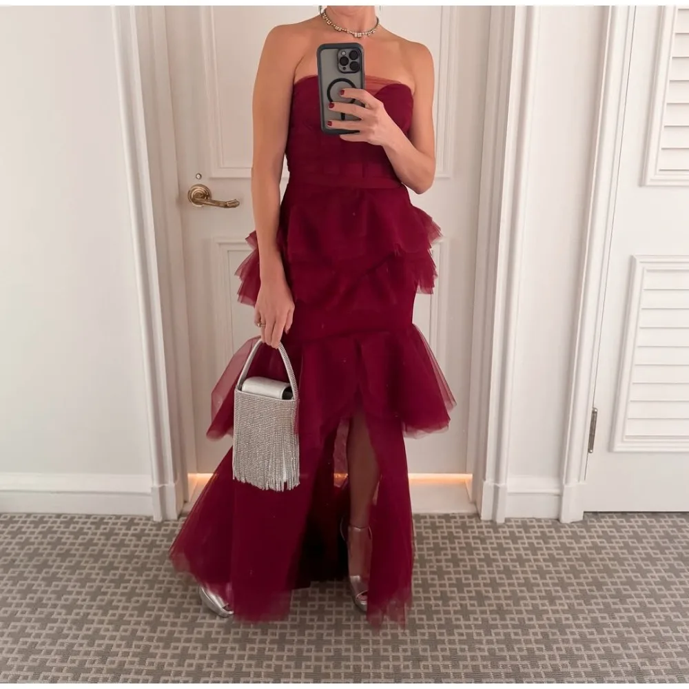 

Индивидуальные вечерние платья-корсеты бордового цвета, коктейльные платья с высоким разрезом, многоярусные пышные платья для выпускного вечера для женщин, на заказ, 2026
