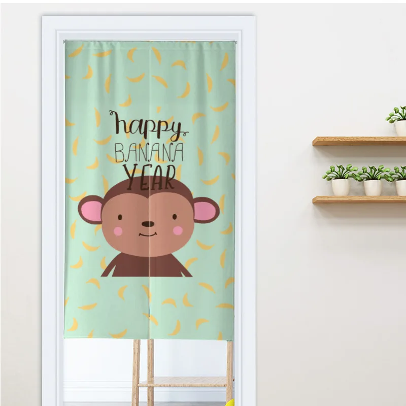 VIKAMA Cute Monkey Banana Half-Door Curtain, Cartoon Fabric Japanese-Style Door Curtain for Children's Rooms, Home Decor