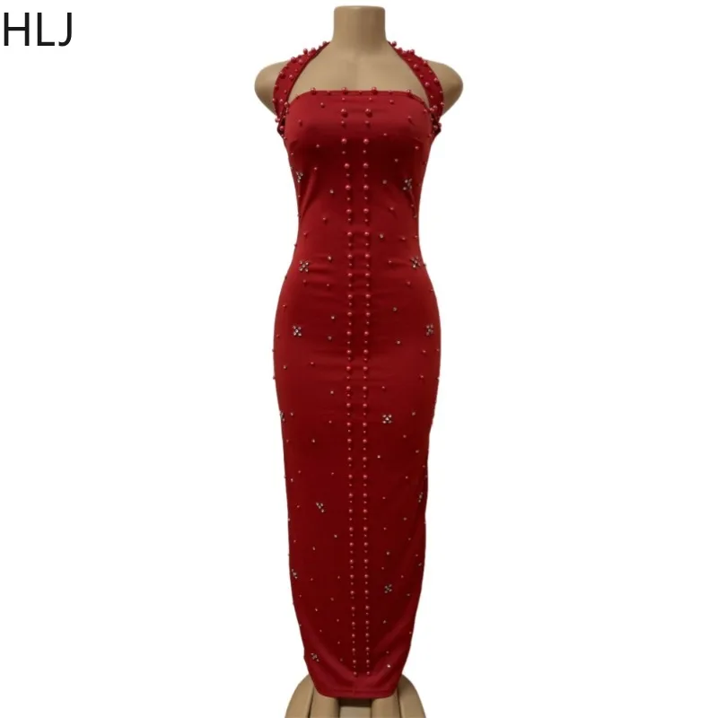 HLJ مثير اللؤلؤ حجر الراين المرقعة Bodycon فساتين طويلة امرأة الرسن عارية الذراعين الطباعة فساتين الإناث نادي الحفلات Vestidos