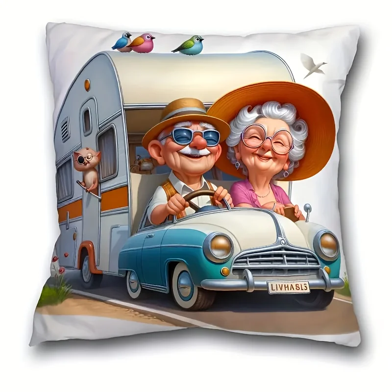 Funny Senior Couple Pillow Case, Retro Car & Camper Van Cushion Cover, Cute Travel Art, Vintage Road Trip Decor, Gift for