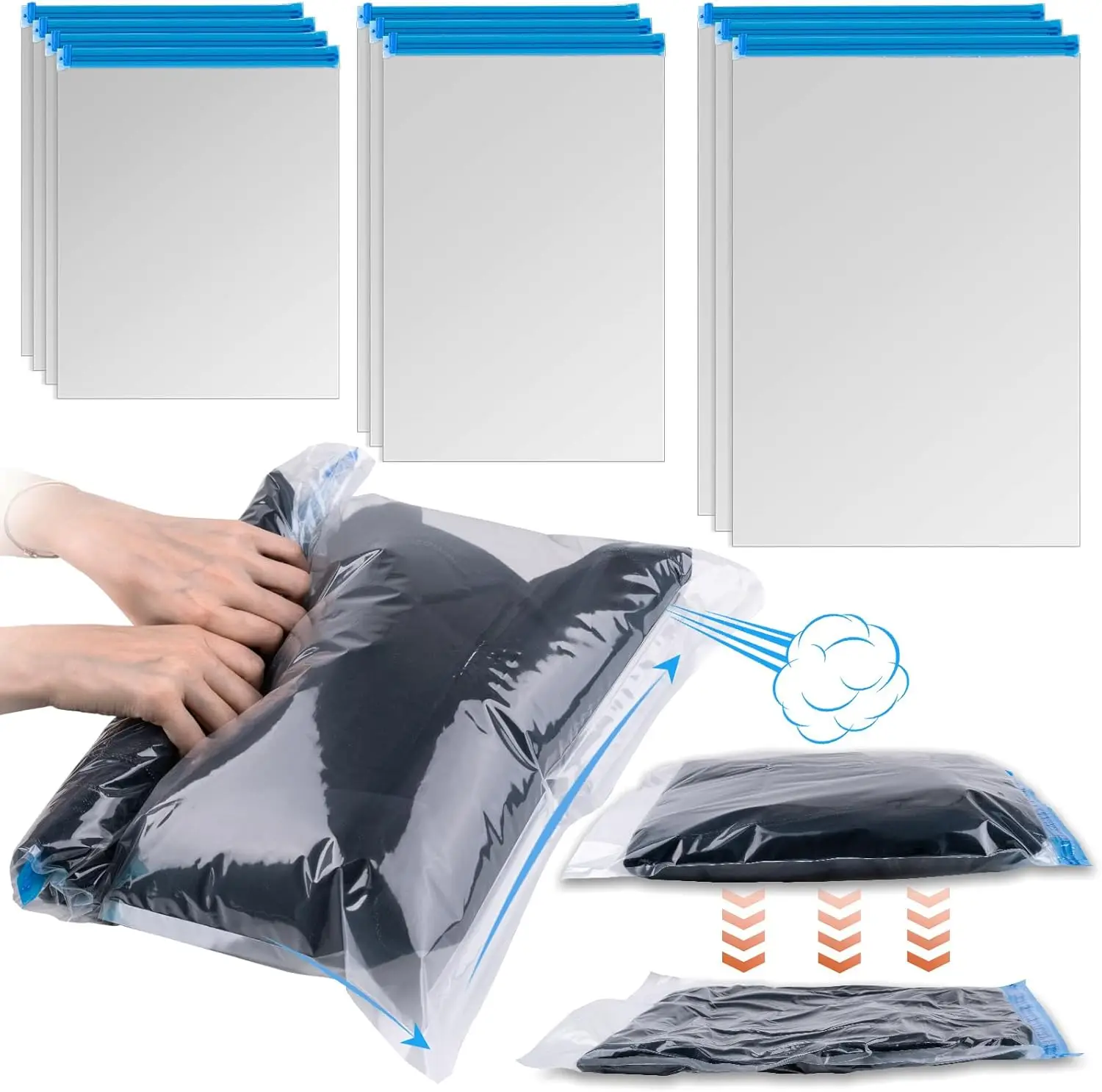 

10 PCS Compression Bags for Travel: 3 Sizes Space Saver, No Vacuum Needed, Roll Up for Packing