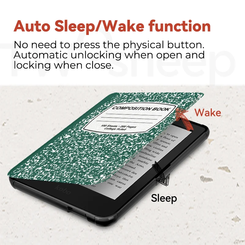 Twosheep 6-inch Case for Kobo Clara BW Clara Colour Clara 2E TPU Magnetic Flip Auto Wake Sleep TPU soft Cover Composition Book
