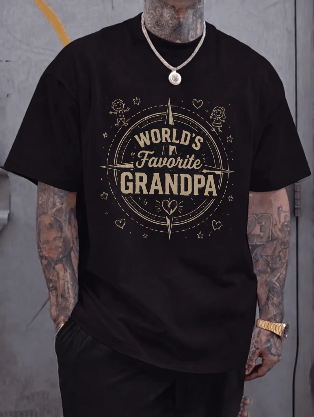 

Men Graphic Tee Short Sleeve Loose Fit Dad Tee World's Favorite Grandpa Vintage Compass Print Streetwear Outdoor Casual Family