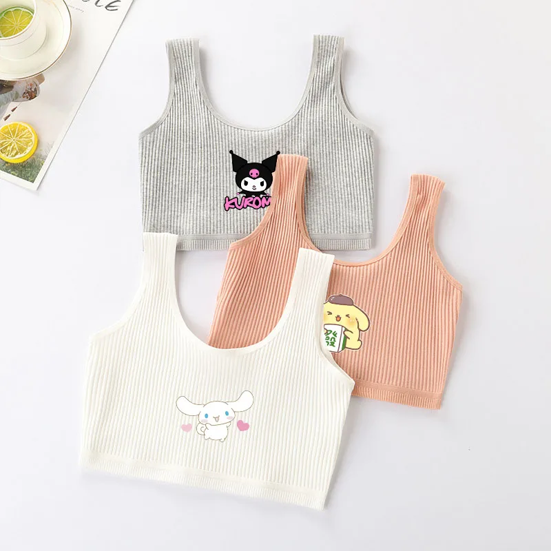 Anime Hello Kittys Teenage Cotton Sports Bra Sanrios Kuromi Cinnamoroll Girl's Tops Camisole Vest Underwear Adolescent Girl Bra