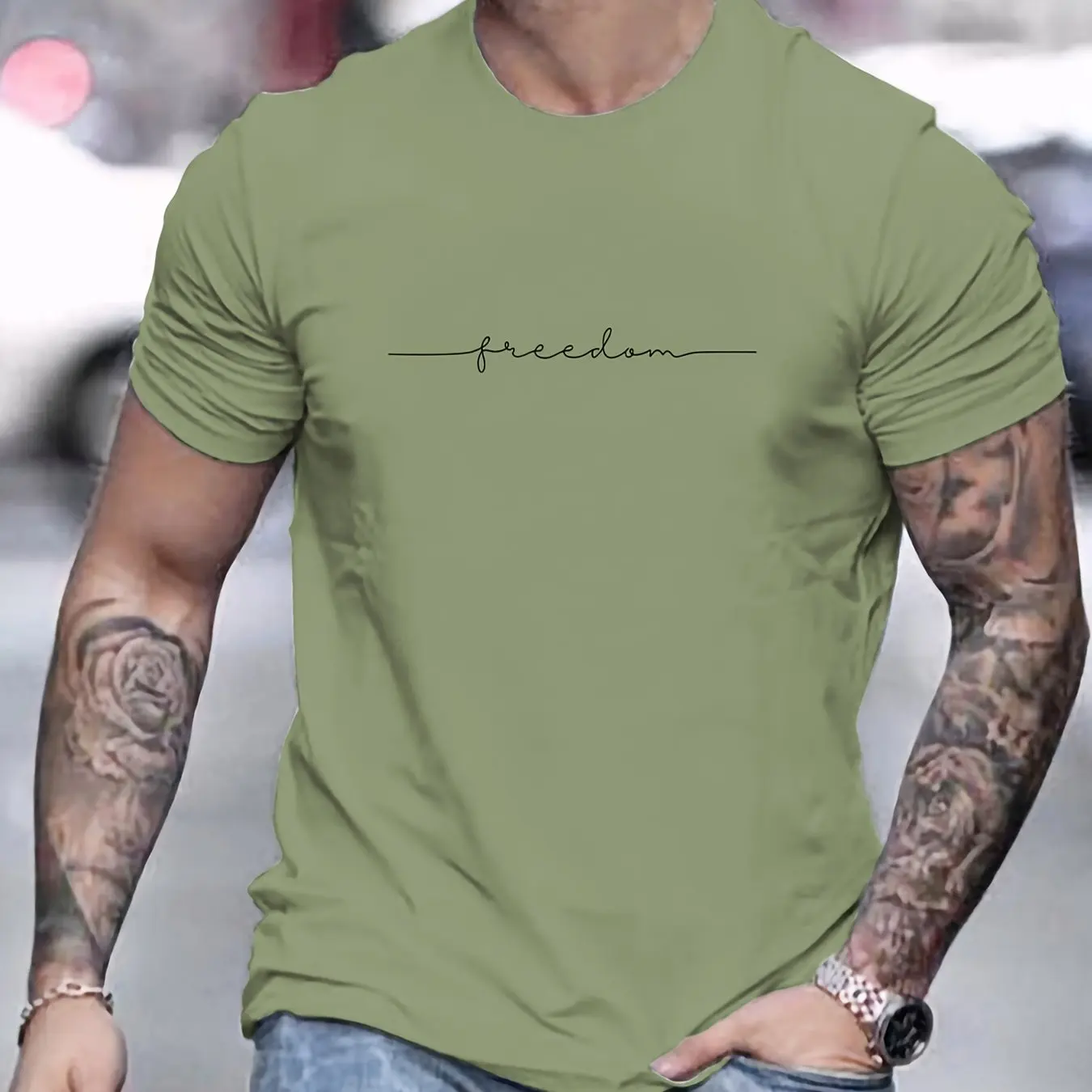 Men's Summer Loose Size  Freedom Graphi Print Casual Slim Fit Round Neck Short Sleeve T-shirt Top