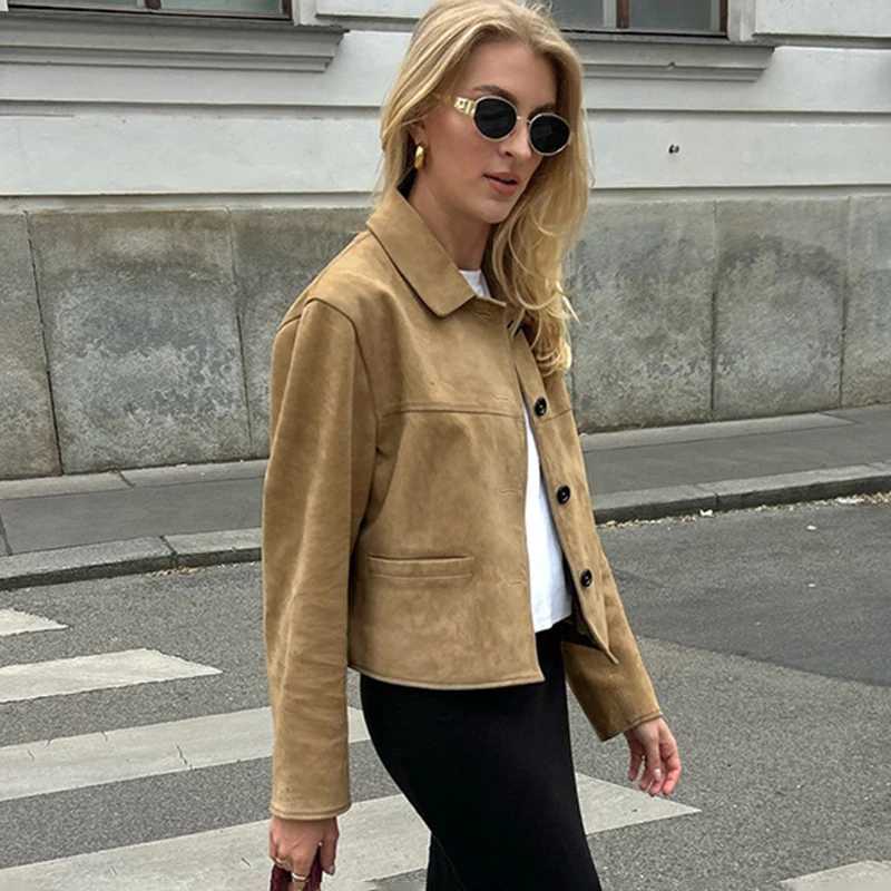 

Ticketsx Casual Suede Jacket Women's Lapel Long Sleeves Pockets Single Breasted Coats Female 2025 Autumn Chic Retro Loose Jacket