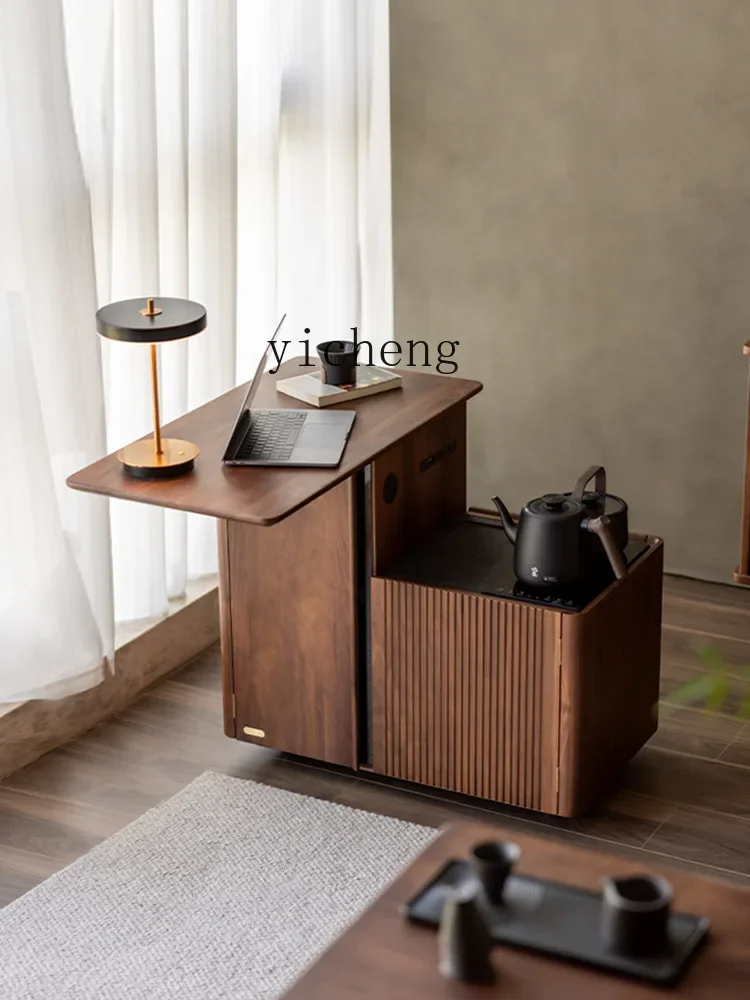 

FZ solid wood rotating tea cart household living room sofa side cabinet coffee table black walnut tea cabinet