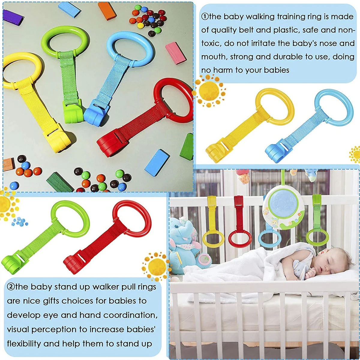 4pcs Baby Crib Pull Rings Baby Stand up Ring Security Protection Baby Cot Rings Hanging Walking Assistant Rings for Playpen Play