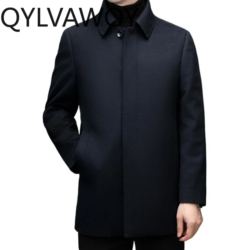 QYLVAWOY 80% Wool Cashmere Man Jacket Detachable Goose Down Lining Warm Clothes for Man Jackets Lapel Mid Length Coat Casacos
