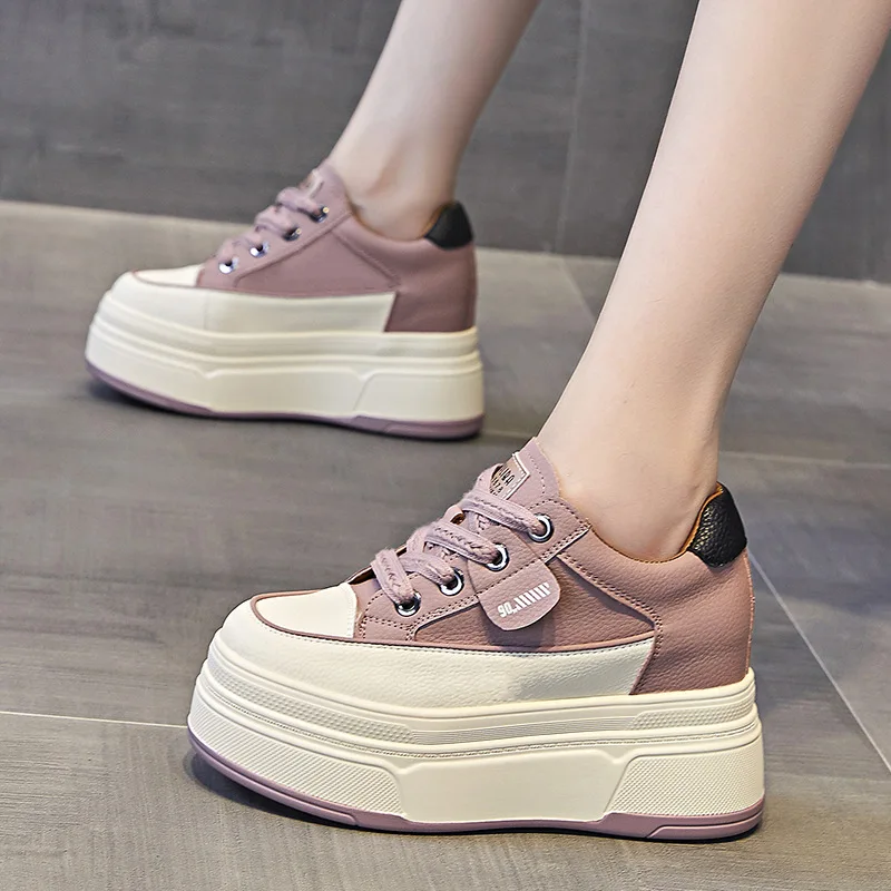 9cm Genuine Leather Women Hidden Heels Women Casual Breathable Chunky Sneakers Platform Vulcanized Fashion Summer Shoes