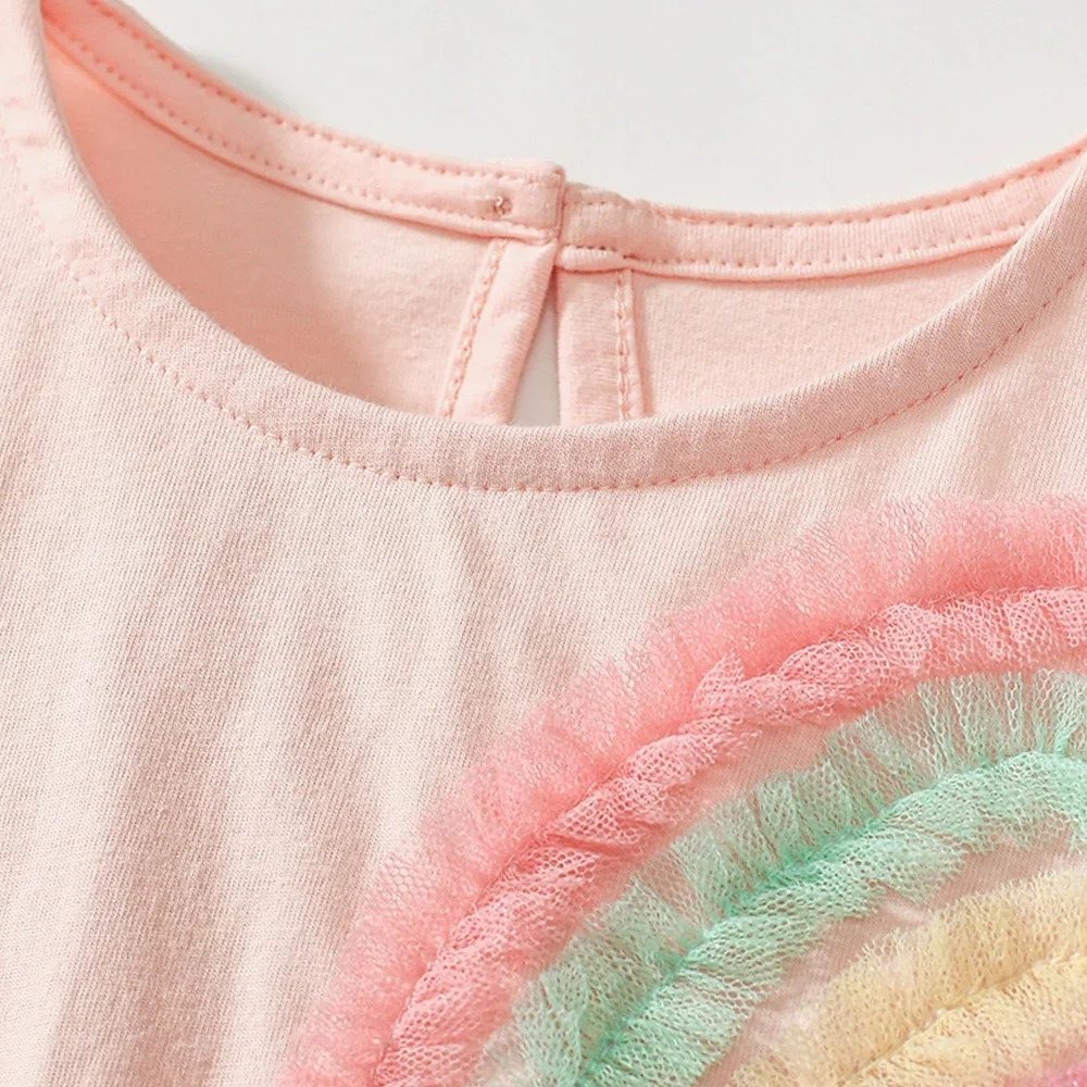 VIKITA 2025 New Summer Children Clothes Kids Pink Princess Mesh Tulle Flare Sleeve Dress Girls Rainbow Appliqued Party Costumes