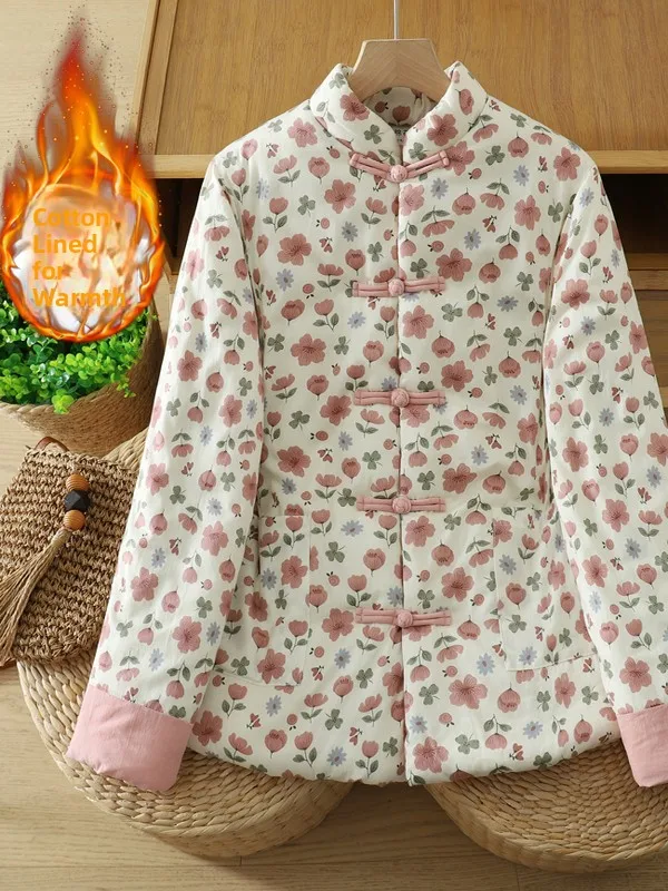 Warm Cotton Floral Print Coat Loose Fit Button up Winter Outerwear Ele Lady Commute Sle Not Hooded Printed Fabric
